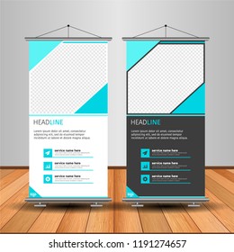 Modern Roll Up Banner. Advertising vector template design. White and black background