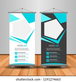 Modern Roll Up Banner. Advertising vector template design. White and black background