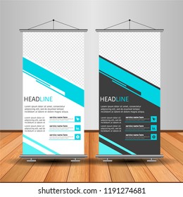 Modern Roll Up Banner. Advertising vector template design. White and black background