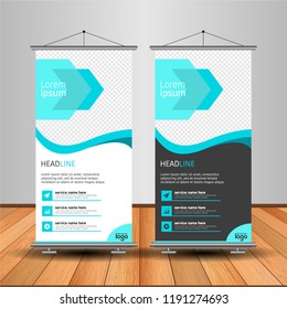 Modern Roll Up Banner. Advertising vector template design. White and black background