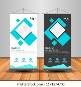 Modern Roll Up Banner. Advertising vector template design. White and black background