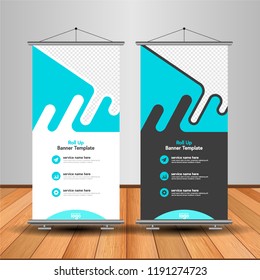 Modern Roll Up Banner. Advertising vector template design. White and black background