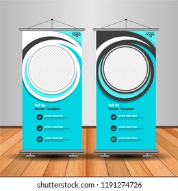Modern Roll Up Banner. Advertising vector template design. White and black background