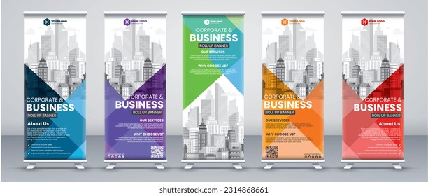 modern roll up banner design in blue, purple, green, orange and red print ready colors
