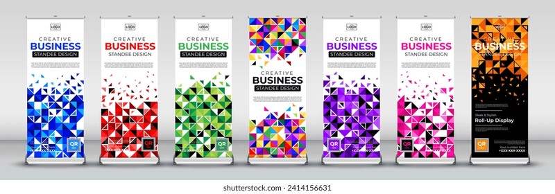 modern roll up banner design for business events, annual meetings, presentations, marketing, promotions, in blue, red, green, yellow, purple, pink and orange print ready colors