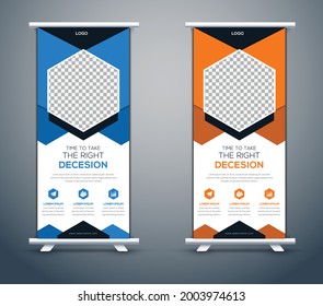Modern Roll Up Banner Design, Company Advertising Banner, Business Roll Up Banner Template, Presentation and Brochure Flyer, Blue, Yellow Color, Vector illustration