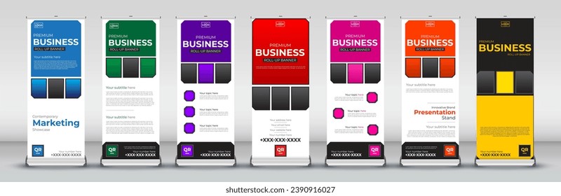 Modern roll up Banner Design set for signboard Advertising Template standee X banner for Street Business in red, green, blue, yellow, orange, purple, orange     