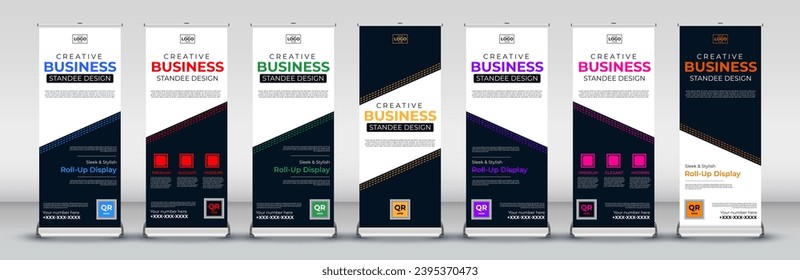 Modern roll up Banner Design set for Street Business, events, presentations, meetings, annual events, exhibitions in red, green, blue, yellow, orange, purple, and pink