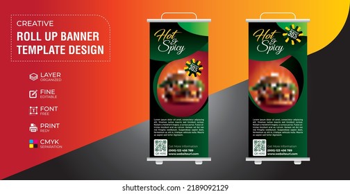 Modelo de diseño de pancartas de enrollamiento moderno de promoción de comida deliciosa picante vector 
