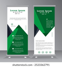 Modern roll up banner design template, vertical, corporate background, pull up design, vector, abstract geometric background, modern x-banner with green colour. vector eps 10