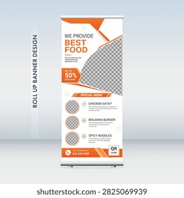 Modern Roll Up Banner Design Template For Restaurant Fast Food Cafe Menu Promotion Corporate Branding Print Ready Marketing Layout.