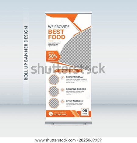 Modern Roll Up Banner Design Template For Restaurant Fast Food Cafe Menu Promotion Corporate Branding Print Ready Marketing Layout.