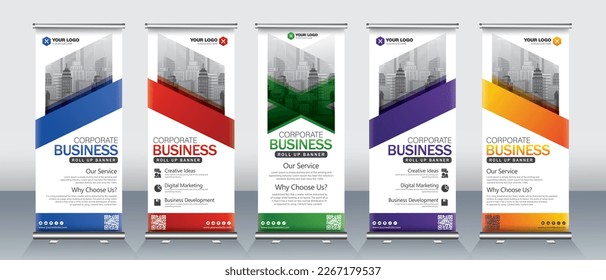 Modern roll up banner design for x stand and x banners with red, green, blue, orange with minimal design clean 