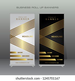 Modern Roll Up Banner. Gold Color Vector Template Design,for Advertising