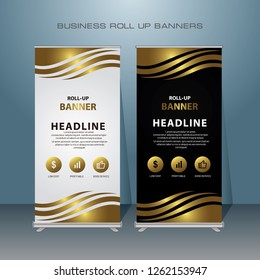 Modern Roll Up Banner. Gold Color Vector Template Design For Advertising