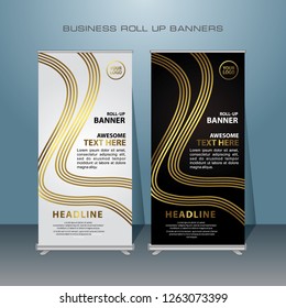 Modern Roll Up Banner. Gold Color Vector Template Design For Advertising