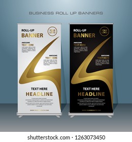 Modern Roll Up Banner. Gold Color Vector Template Design For Advertising