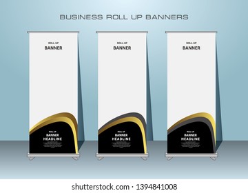 Modern Roll Up Banner. Gold Color Standing Banner Template Design for Advertising.