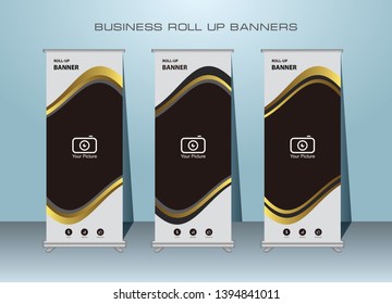 Modern Roll Up Banner. Gold Color Standing Banner Template Design for Advertising.