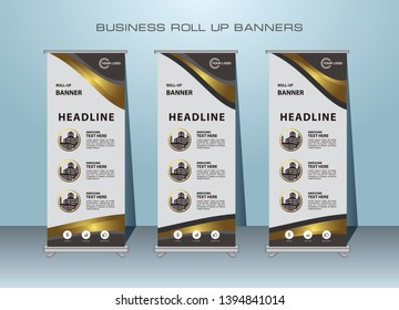 Modern Roll Up Banner. Gold Color Standing Banner Template Design for Advertising.