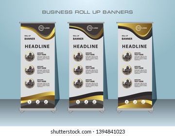 Modern Roll Up Banner. Gold Color Standing Banner Template Design for Advertising.