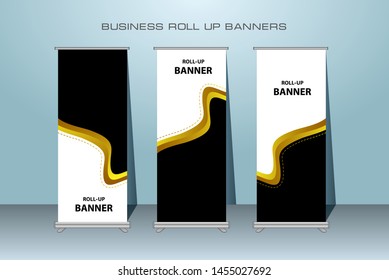 Modern Roll Up Banner. Gold Color Vector Template design for Advertising. Vertical Banner. Perfect to make a big impact in your shop or place of your business promotion.