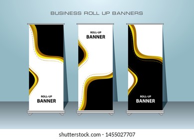 Modern Roll Up Banner. Gold Color Vector Template design for Advertising. Vertical Banner.