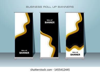 Modern Roll Up Banner. Gold Color Vector Template design for Advertising. Vertical Banner. Perfect to make a big impact in your shop or place of your business promotion.
 