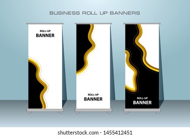 Modern Roll Up Banner. Gold Color Vector Template design for Advertising. Vertical Banner. Perfect to make a big impact in your shop or place of your business promotion.