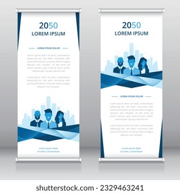 Modern roll up banner or retractable banner template with business people and cityscape artwork, Vertical signboard template, Trade show banner, Standee template, X-banner template, Flag banner