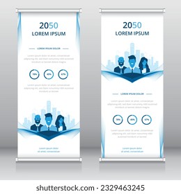 Modern roll up banner or retractable banner template with business people and cityscape artwork, Vertical signboard template, Trade show banner, Standee template, X-banner template, Flag banner