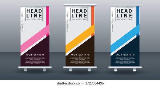 Modern roll up banner set  design template, vertical, pull up design, modern x-banner.  vector illustration on background.