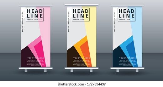 Modern roll up banner set  design template, vertical, pull up design, modern x-banner.  vector illustration on background.