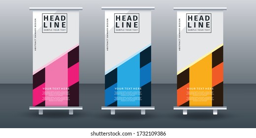 Modern roll up banner set  design template, vertical, pull up design, modern x-banner.  vector illustration on background.