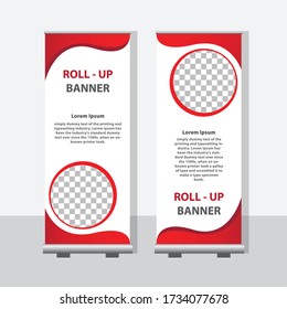 Modern roll up banner with stand presentation concept. Vector illustration template