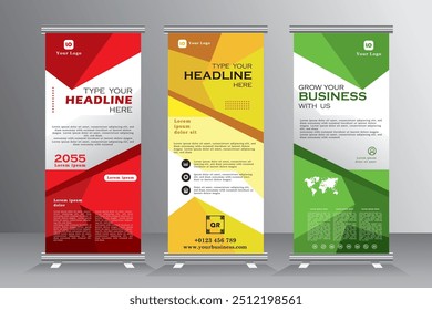 Design de modelo de suporte de banner de enrolar moderno, Design de banner vertical com vermelho, amarelo e verde, puxar para cima, banner x, conjunto de banner de enrolar de negócios pronto para impressão, eps vetorial 10.