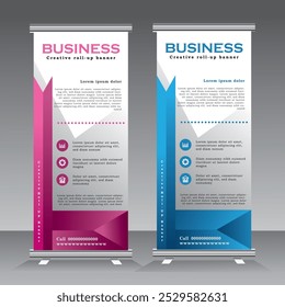 Modern roll up banner template for business, vertical banner template, abstract geometric standee banner, modern x-banner and pull up, vertical banner with blue and purple color