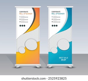 Diseño moderno de Plantilla de Anuncio enrollable para negocios, volante, portada, presentación, infografía, fondo, texto. Plantilla y maqueta creativa de x Anuncio