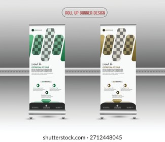 Modern roll up banner template design with clean layout and abstract shapes with colorful marketing elements and vector.