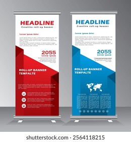 Modern roll up banner templates for sales promotions or other types events, such as promo expos, trade shows, exhibition, conferences, and workshops, Vector banner with red and blue colour, 