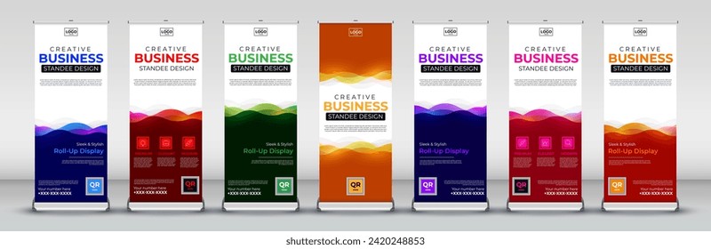 modern Roll up banner vertical template design for events, brochure, flyer, infographics, x banner and flag banner advertising in blue, red, green, yellow, purple, pink and orange print ready colors