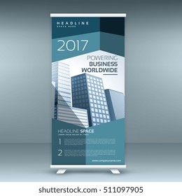 modern roll up presentation banner template with blue shapes