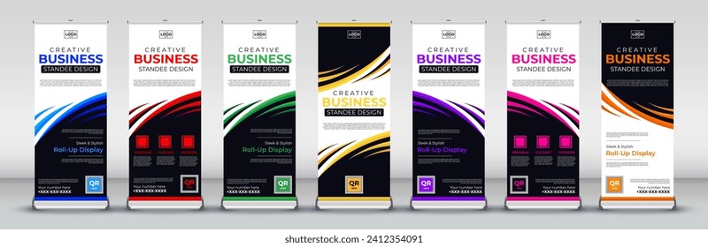 Modern roll up standee banner design for Streets, events, presentations, meetings, annual events, exhibitions in red, green, blue, yellow, orange, purple and orange