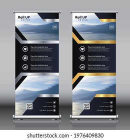 Modern roll up vertical banner design gold and silver. Standee banner template vector