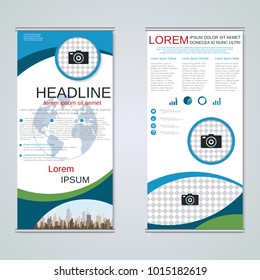 Modern roll-up abstract geometric style business banners, two-sided flyer vector design template