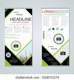 Modern roll-up abstract geometric style business banners, two-sided flyer vector design template
