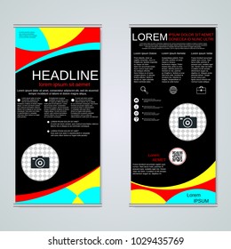 Modern roll-up abstract geometric style colorful business banners, two-sided flyer vector design template