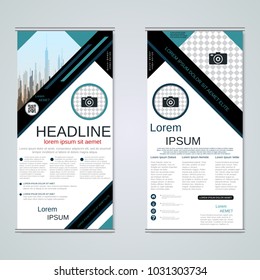 Modern roll-up abstract geometric style business banners, two-sided flyer vector design template
