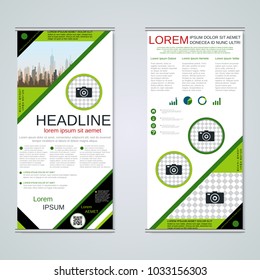 Modern roll-up abstract geometric style business banners, two-sided flyer vector design template