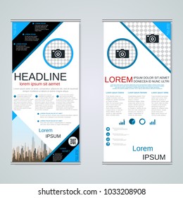 Modern roll-up abstract geometric style business banners, two-sided flyer vector design template